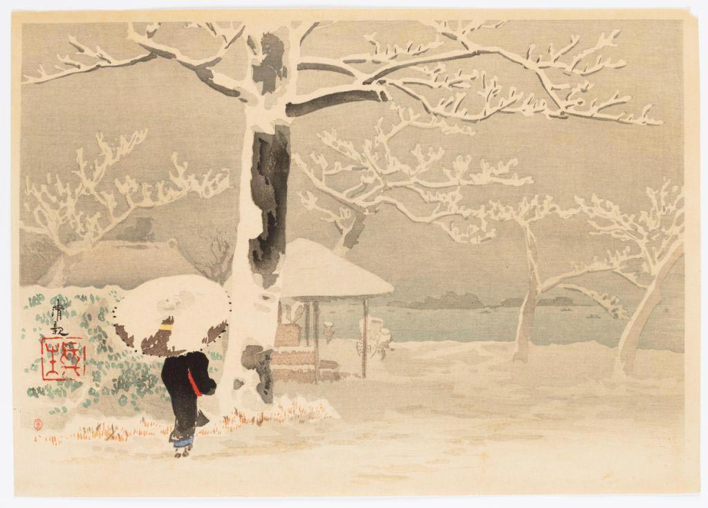 Femme de dos dans un paysage de neige KOBAYASHI Kiyochika © RMN-Grand Palais (MNAAG, Paris) / Thierry Ollivier